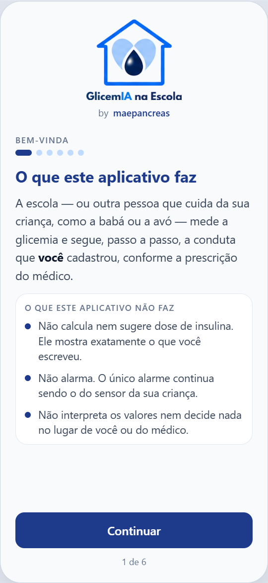 Tela de boas-vindas do GlicemIA na Escola: o que o aplicativo faz e o que ele não faz