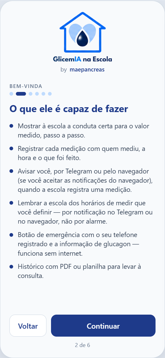Tela de boas-vindas do GlicemIA na Escola com a lista do que ele é capaz de fazer