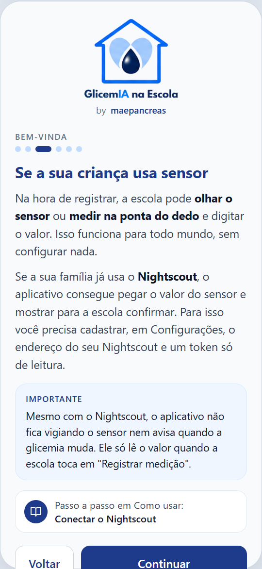 Tela de boas-vindas do GlicemIA na Escola explicando o uso com sensor e Nightscout
