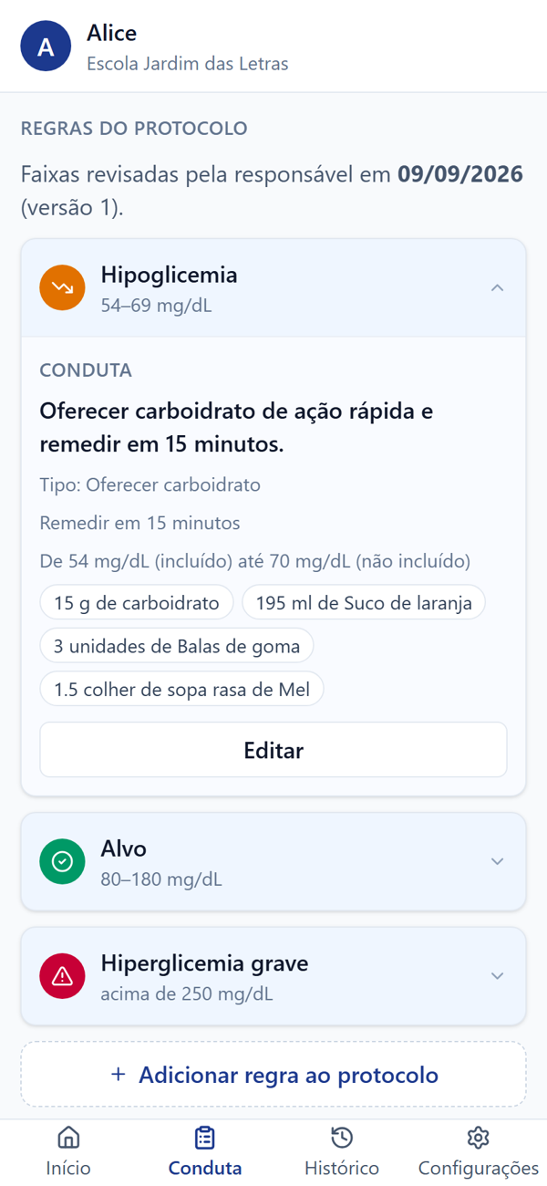 Tela do GlicemIA na Escola em que a mãe cadastra a conduta prescrita pra cada faixa de glicemia