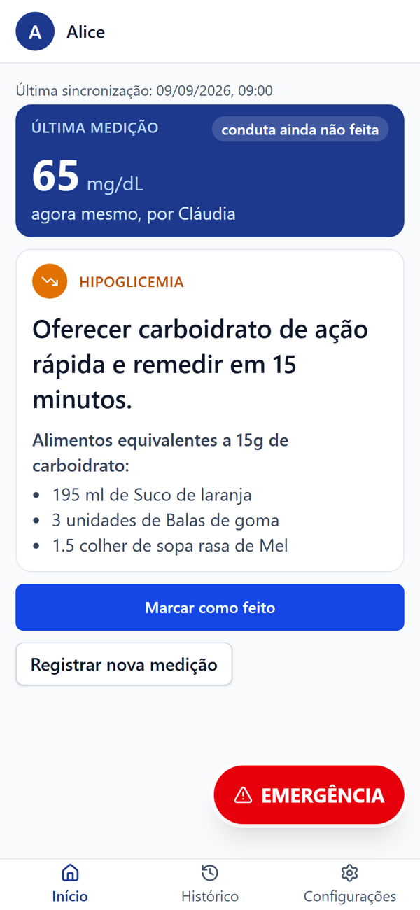 Tela do GlicemIA na Escola mostrando pra escola a conduta correspondente à glicemia de 65 mg/dL