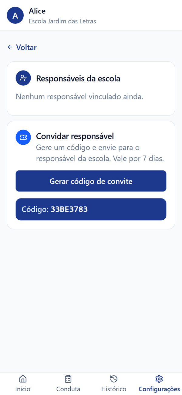 Tela do GlicemIA na Escola com o código de convite que a mãe envia pra escola
