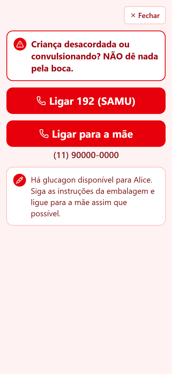 Tela de emergência do GlicemIA na Escola com os botões de ligar pro SAMU e pra mãe