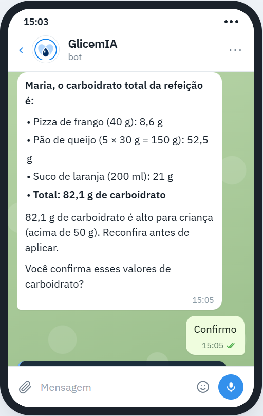 Conversa no Telegram com o GlicemIA: o bot lista o carboidrato de cada item da refeição e o total, e pede confirmação