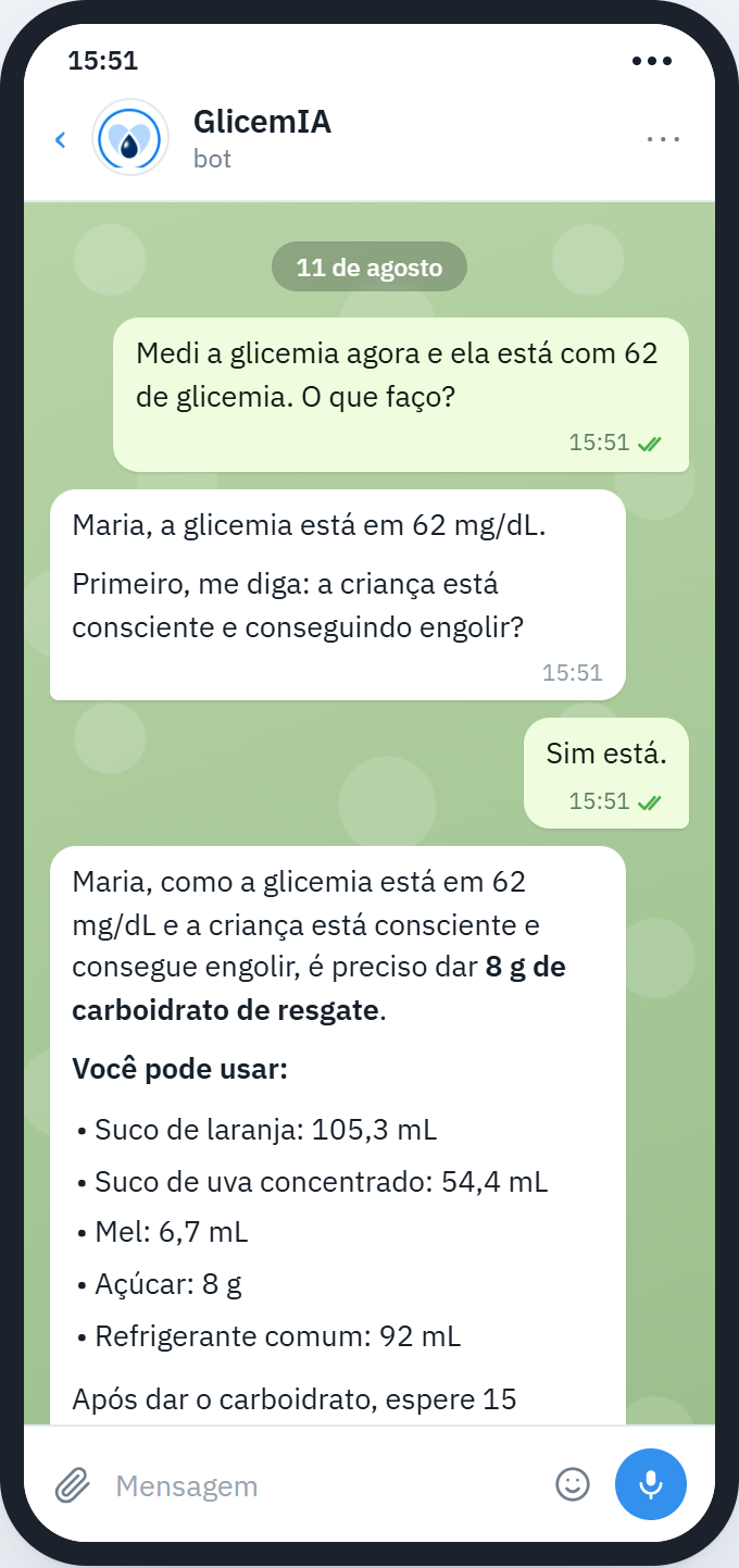 Conversa no Telegram com o GlicemIA: glicemia 62 mg/dL, o bot pergunta se a criança está consciente e orienta o resgate com 8 g de carboidrato em medidas caseiras