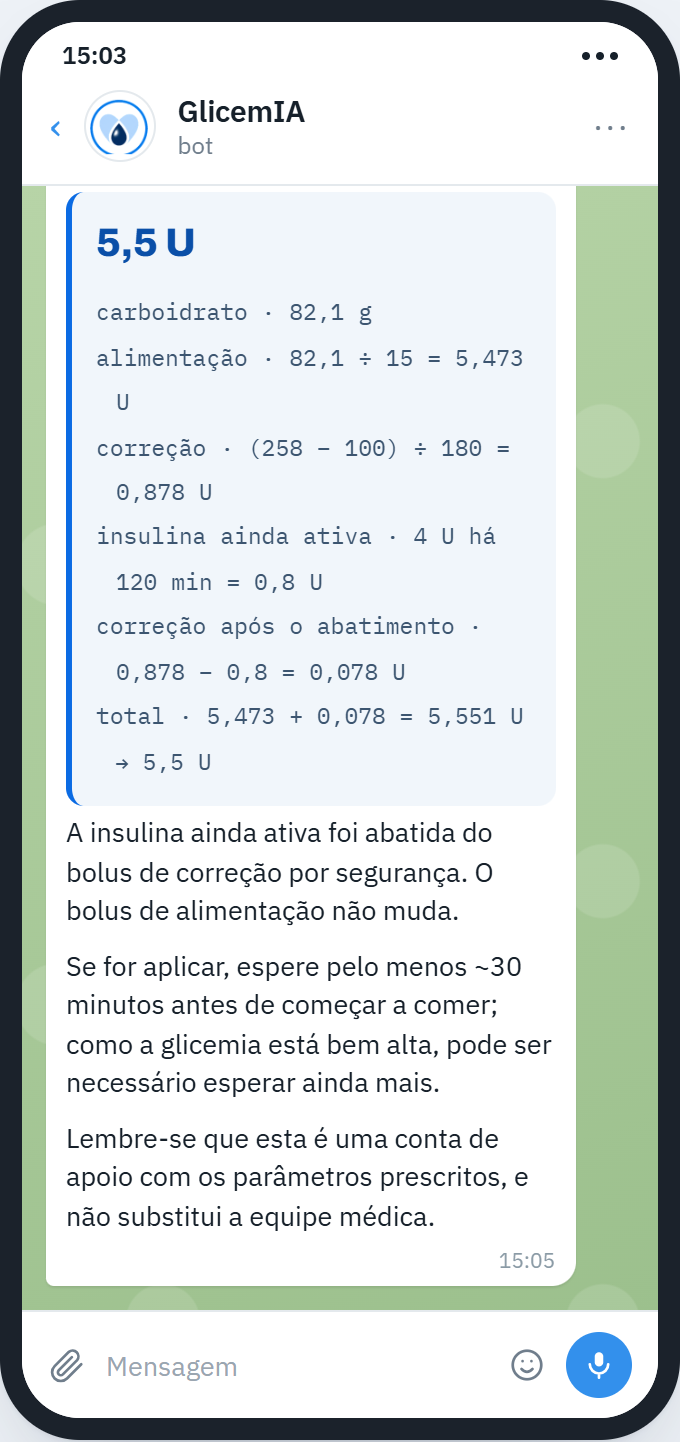 Conversa no Telegram com o GlicemIA mostrando a conta da dose passo a passo: carboidrato, bolus de alimentação, correção, desconto da insulina ainda ativa e total