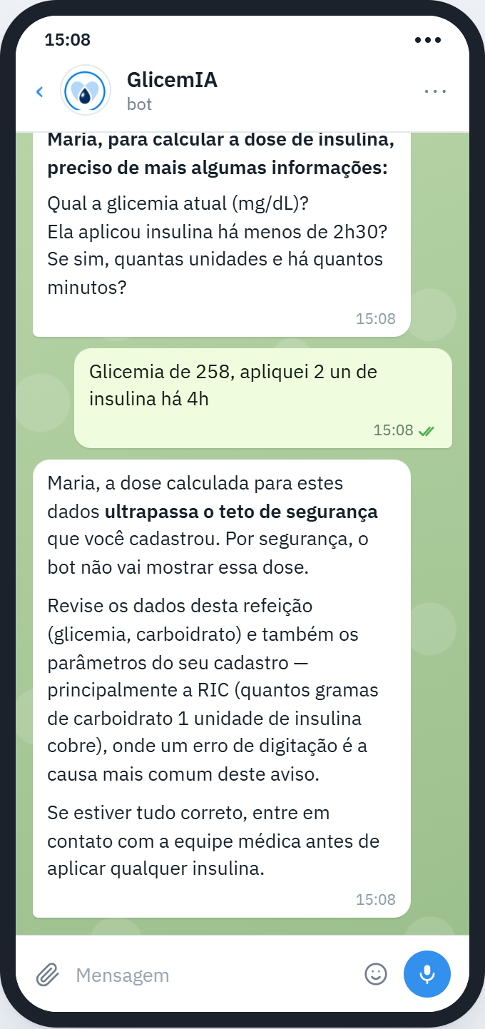 Conversa no Telegram com o GlicemIA: a dose calculada ultrapassa o teto de segurança cadastrado e o bot não mostra o número