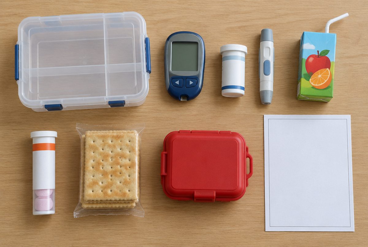 Kit de diabetes da escola sobre a mesa: medidor, tiras, lancetador, suco, tabletes de glicose, biscoito e estojo de emergência